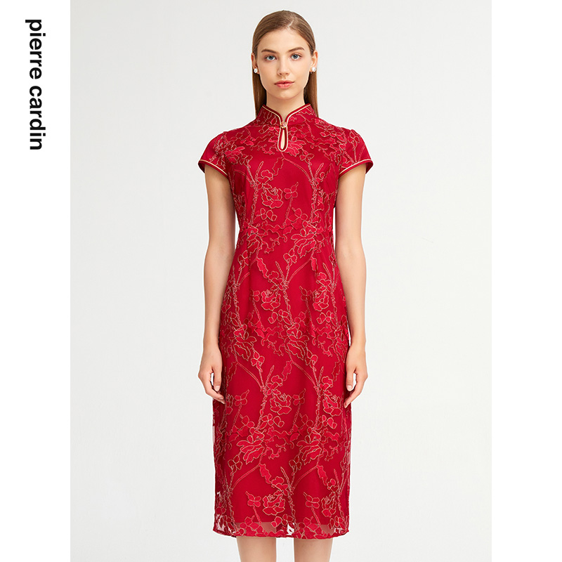 通勤淑女蕾丝刺绣旗袍连衣裙