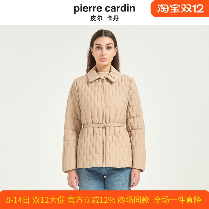 皮尔卡丹女冬新款卡其色翻领格状收腰显瘦保暖羽绒服CD54YS013K0