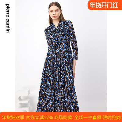 商场同款皮尔卡丹女装连衣裙春秋蓝花色V领中长款碎花大摆裙