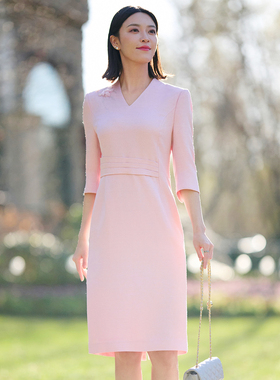【醋纤】皮尔卡丹女26春新款粉色V领收腰显瘦连衣裙P51181E5043F0