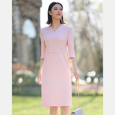 皮尔卡丹醋纤V领收腰显瘦连衣裙