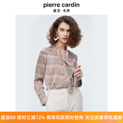 商场同款皮尔卡丹女装时尚几何印花飘带长袖衬衫P4126B3975K3