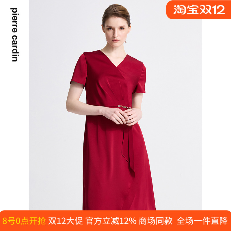 商场同款皮尔卡丹女装春季新款短袖V领藏蓝色红色气质连衣裙