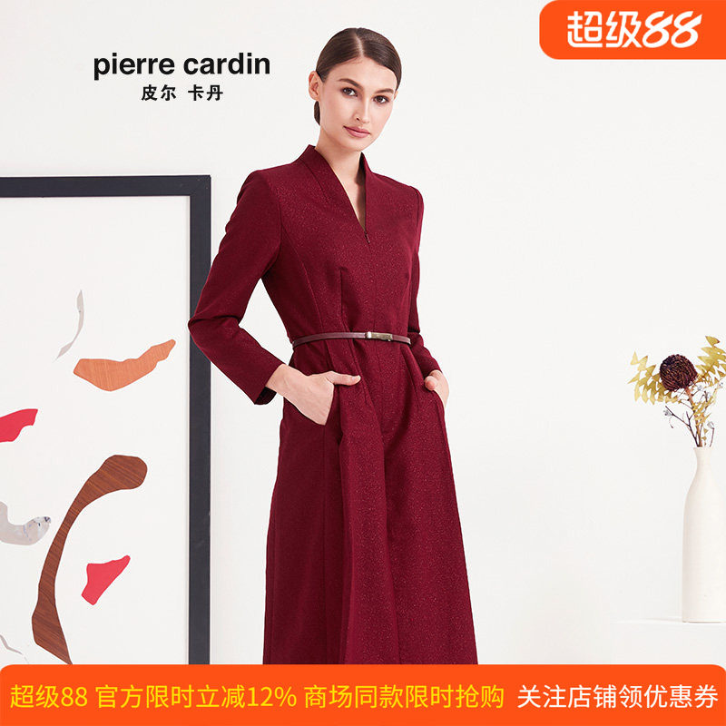 商场同款皮尔卡丹女装专柜正品秋季新款酒红色长袖连衣裙