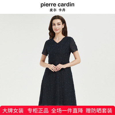 皮尔卡丹女v领短袖黑色波点夏季连衣裙a字裙法式显瘦气质休闲短裙