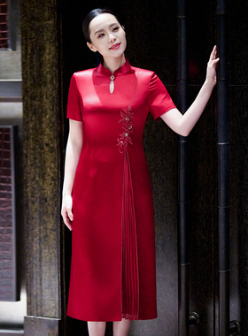 【醋纤】皮尔卡丹女26春新款红色立领旗袍式连衣裙P51074D5099R0