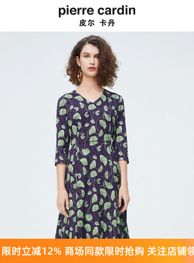 商场同款皮尔卡丹女装新款清新淡雅印花修身连衣裙P4125E4030G3
