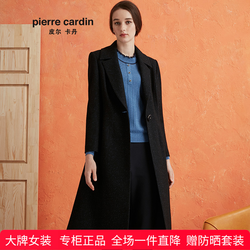 商场同款皮尔卡丹女装大衣黑色西服领长款通勤保暖羊毛呢外套