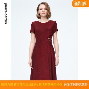 红色亮面收腰场合通勤礼服裙 连衣裙短袖 商场同款 皮尔卡丹女装