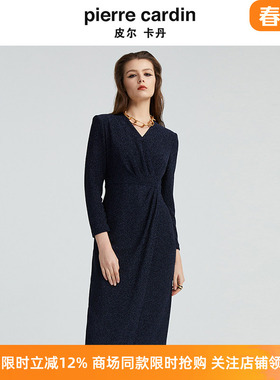 皮尔卡丹女装秋季新款长袖藏蓝色V领显瘦时尚连衣裙P4340E4996L0