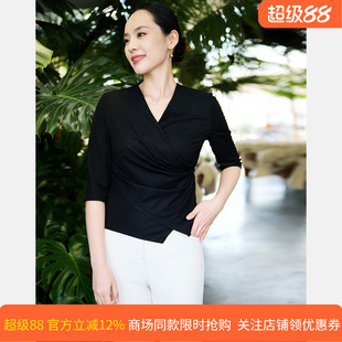 【醋纤】皮尔卡丹女装26春黑色捏摺V领收腰气质衬衫P51111B5021B0