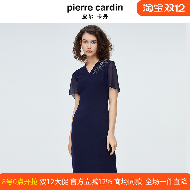 皮尔卡丹女藏蓝色网纱袖V领绣花透气通勤法式连衣裙成熟稳重裙子