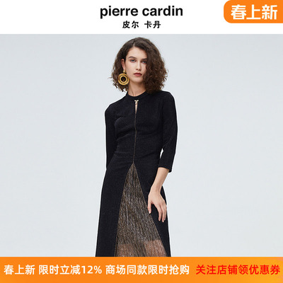 皮尔卡丹女装秋季新款长袖黑色圆领拼接小众连衣裙P4123E4071B0