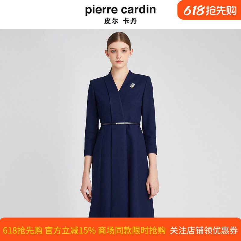 皮尔卡丹女装秋冬新款加厚羊毛裙A字裙V领收腰连衣裙P2410E2880N0