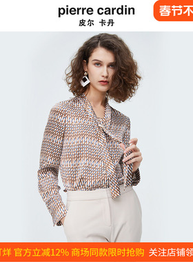 商场同款皮尔卡丹女装时尚几何印花飘带长袖衬衫P4126B3975K3