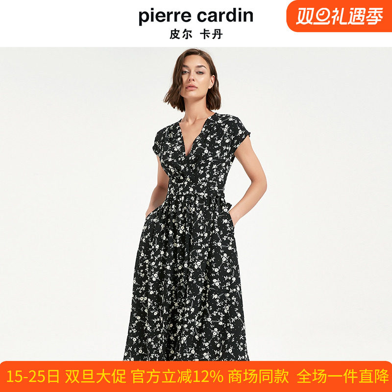 皮尔卡丹女夏季新款黑花色短袖V领系带收腰显瘦连衣裙CD2DS030B0