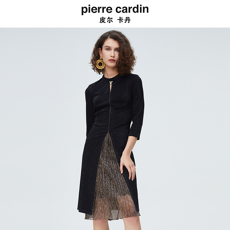 皮尔卡丹女装秋季新款长袖黑色圆领拼接小众连衣裙P4123E4071B0