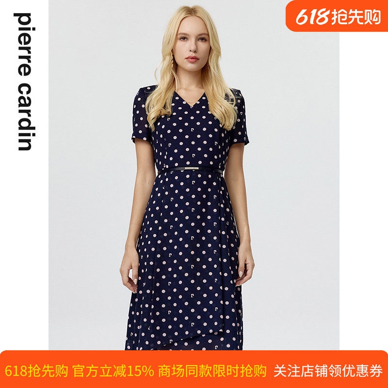 商场同款皮尔卡丹女装连衣裙藏蓝色V领波点收腰短袖碎花裙