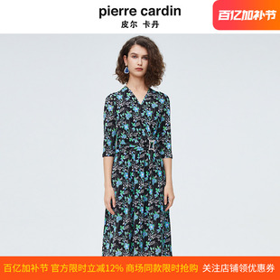 皮尔卡丹女装雪纺印花连衣裙女夏新款法式海边度假裙日常通勤长裙