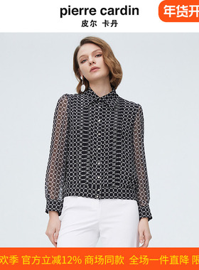皮尔卡丹女装黑色雪纺花布碎花法式优雅透气薄衬衫P4244B4027B3