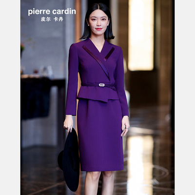 皮尔卡丹女26春新款紫色假两件时尚挺括气质连衣裙P51004E5015Z0