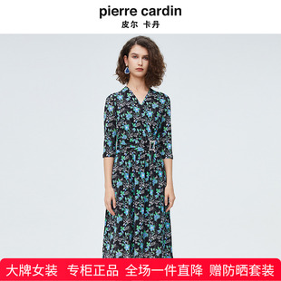 皮尔卡丹女装 海边度假裙日常通勤长裙 雪纺印花连衣裙女夏新款 法式