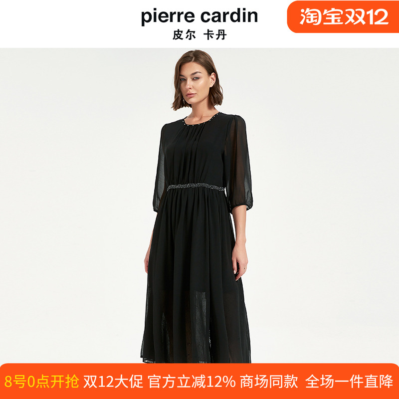 皮尔卡丹女装夏季新款黑色网纱袖成熟稳重法式连衣裙CD2DL033B0