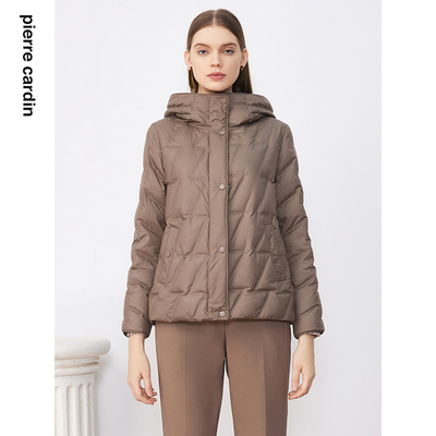 商场同款皮尔卡丹女装冬季新款咖色菱形格羽绒服时尚气质保暖外套