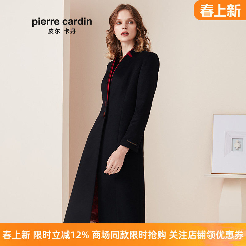 商场同款皮尔卡丹女装大衣黑色羊绒大衣高级感通勤保暖毛呢外套