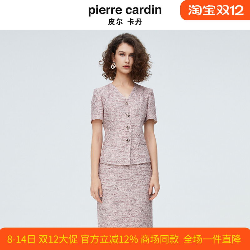 皮尔卡丹女装红花色单排扣短袖女上衣V领小外套P4245L3027R3