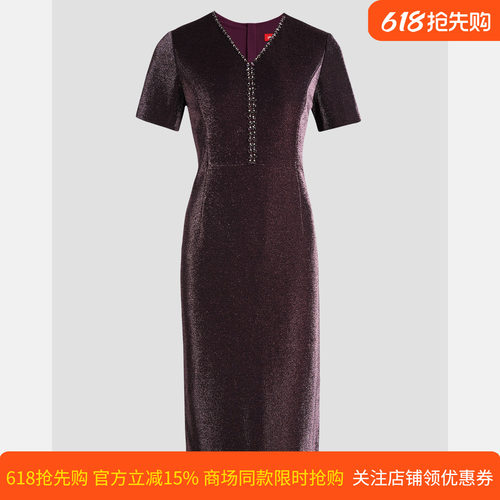 皮尔卡丹女装夏季新款紫色短袖V领收腰中长裙连衣裙P3241D3107Z2
