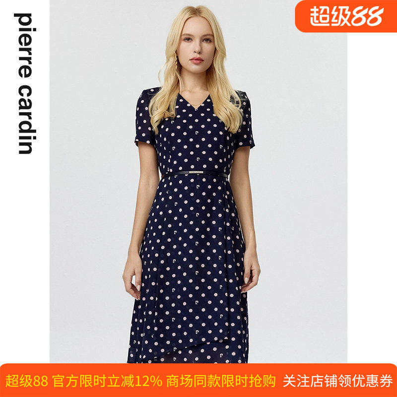 商场同款皮尔卡丹女装连衣裙藏蓝色V领波点收腰短袖碎花裙