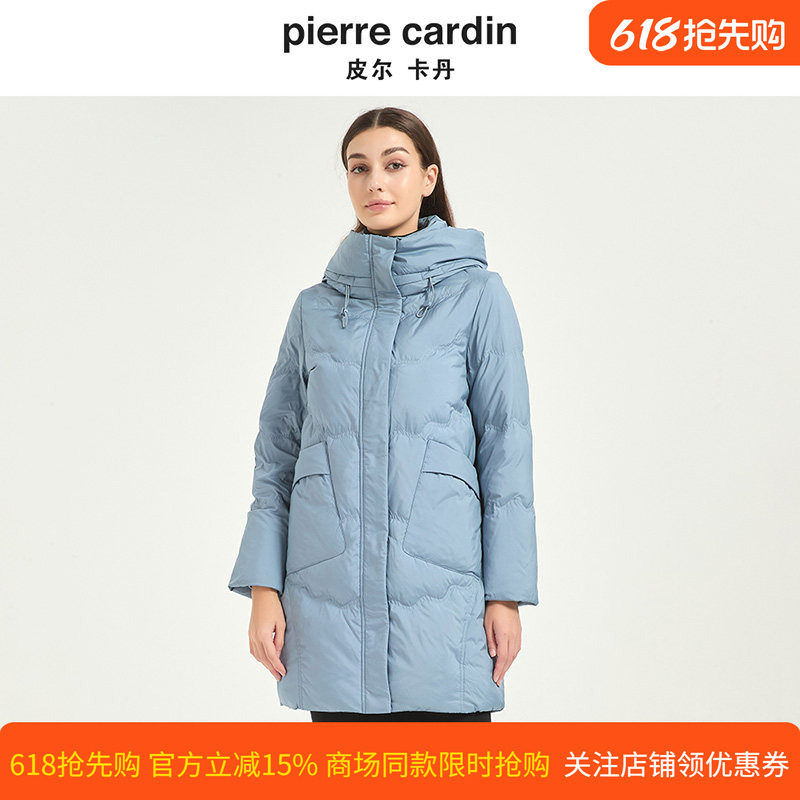 皮尔卡丹女冬季新款蓝色中长款连帽鸭绒时尚加厚羽绒服CD54YH017