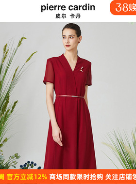 皮尔卡丹女装夏季新款红色V领短袖A字裙收腰连衣裙P3215D3113R0