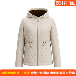皮尔卡丹女冬季新款米色格状时尚保暖棉服棉衣通勤外套C64MS024M1