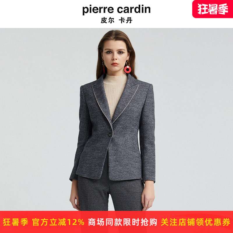 皮尔卡丹女经典一粒扣灰色绵羊毛西服上衣简约女外套P4437U4958H0