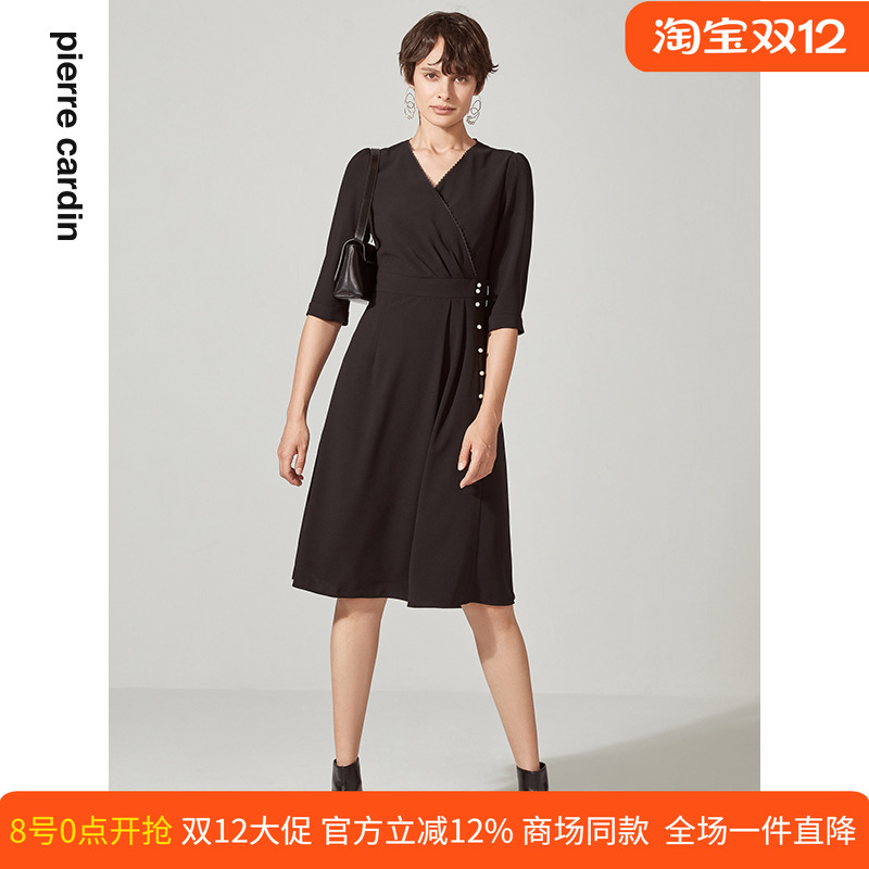 卡丹女装新品法式小黑裙V领长袖优雅长袖连衣裙C13DL12B0