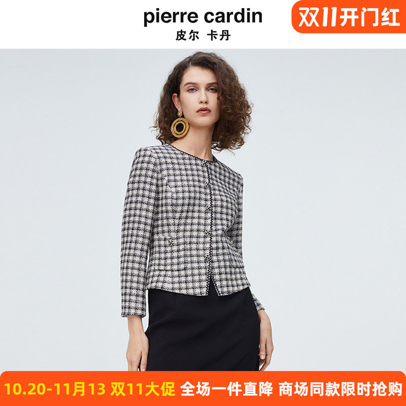皮尔卡丹女装25年秋季新款黑白格子拼接假两件连衣裙P4111E3859B3
