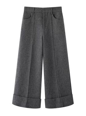 艾家女裤2025秋款新款高腰显瘦毛呢简约直筒休闲裤阔腿裤AR304109