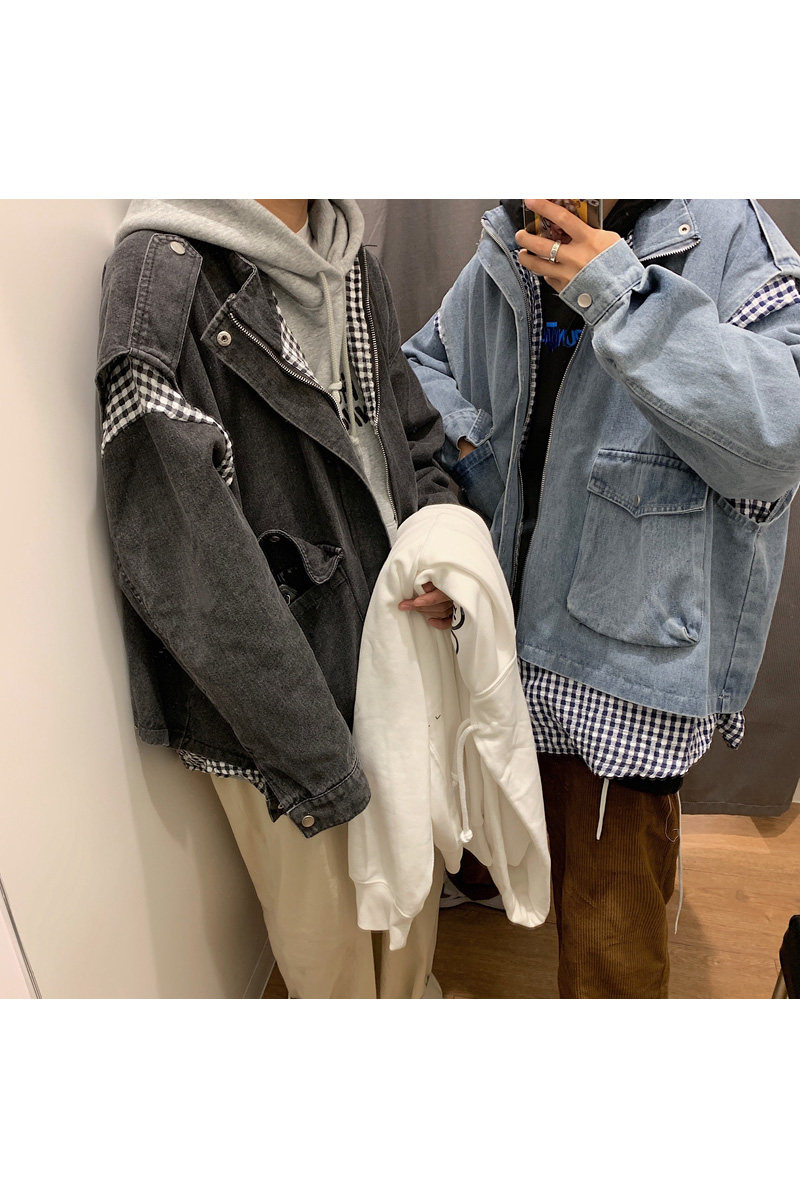 XZ216-JK31-P105【已出货】20春新男拼格子大口袋假两件牛仔外套,男装夹克,星座716