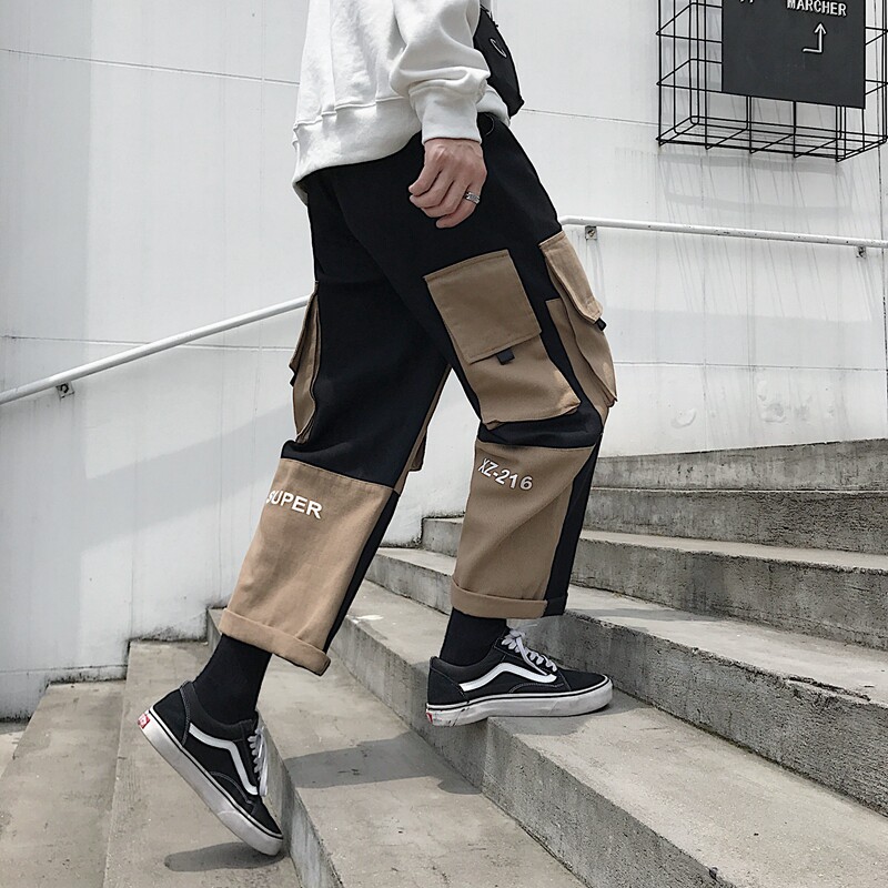 XZ216-K77-P65 S-4XL 19年男士新款撞色工装裤宽松直筒多口袋 克图片