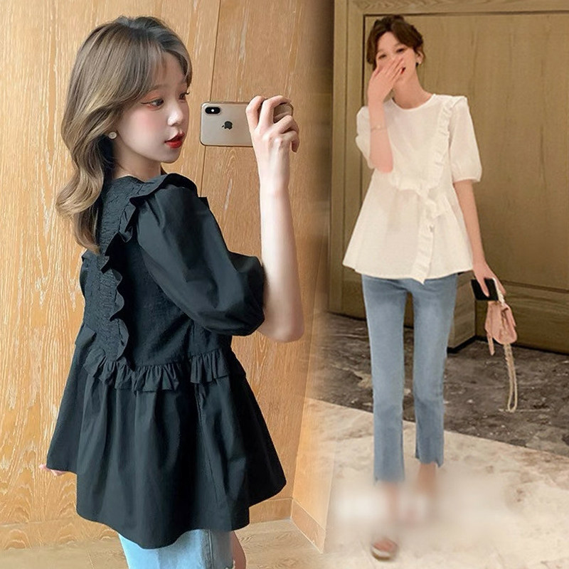 新品孕妇夏装套装时尚夏季薄款短袖宽松雪纺娃娃衫上衣Z遮肚子显