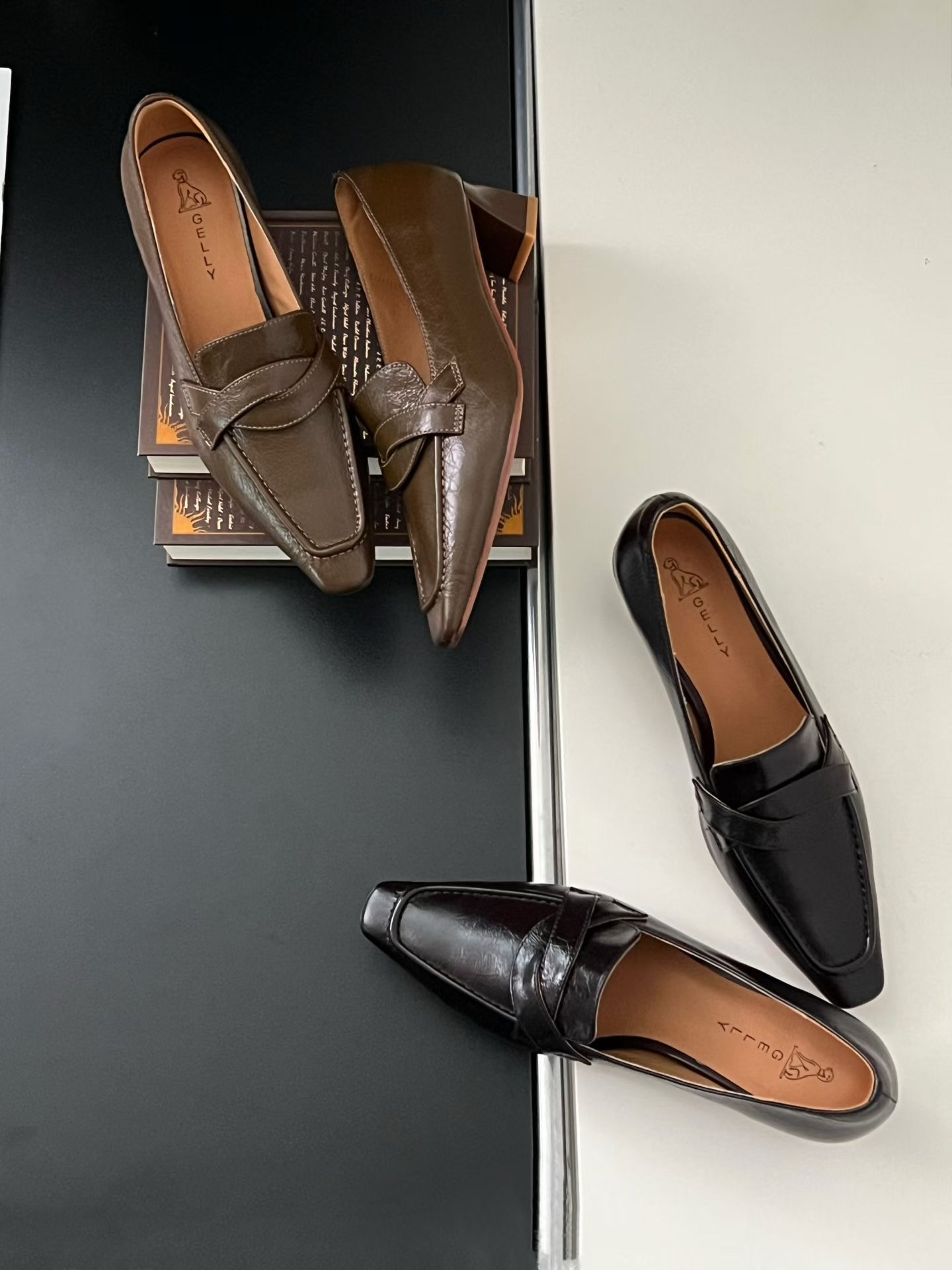 gelly真皮法式复古方头粗跟乐福鞋2025新款百搭一脚蹬小皮鞋单鞋