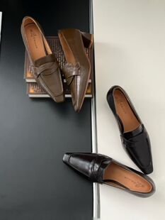 gelly真皮法式复古方头粗跟乐福鞋2025新款百搭一脚蹬小皮鞋单鞋