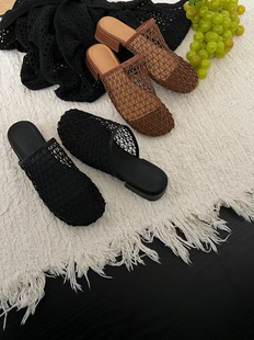 gelly法式复古渔网半拖鞋女夏外穿2025年新款镂空编织包头凉拖鞋