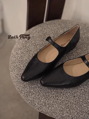 zachpeng尖头单鞋女2024春季真皮平底小皮鞋女一字扣复古玛丽珍鞋