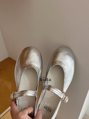 rura法式银色一字带玛丽珍单鞋女2025浅口芭蕾舞鞋平底红色小皮鞋