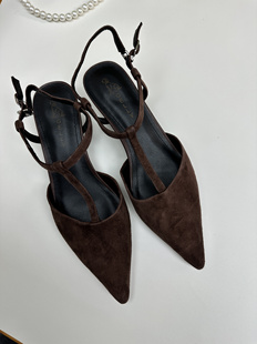 gelly法式复古包头凉鞋女2025年新款反绒猫跟尖头细跟气质单鞋