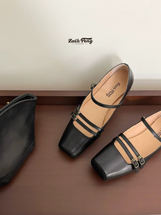 ZACHPENG法式百搭小单鞋2025新款一字扣浅口方头小众设计玛丽珍鞋