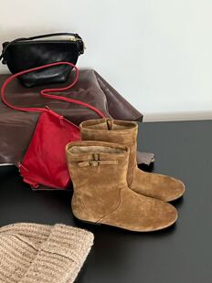 gelly圆头麂皮绒面中靴平底加绒内里西部牛仔靴气质百搭瘦瘦靴女